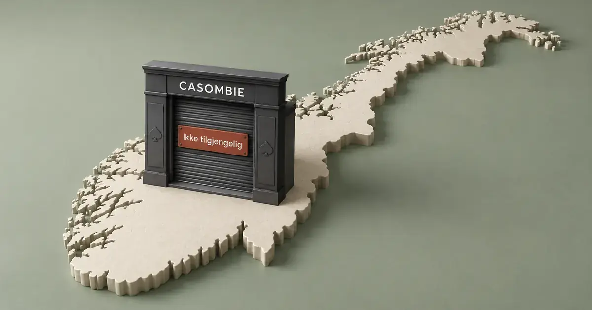 En stengt inngang merket «Casombie» og «Ikke tilgjengelig» står på et stilisert kart over Norge.