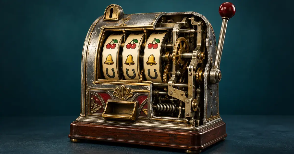 Illustrasjon av en gammel mekanisk spilleautomat med tre symbolhjul, spak og åpent sidepanel som viser tannhjul og fjærer.
