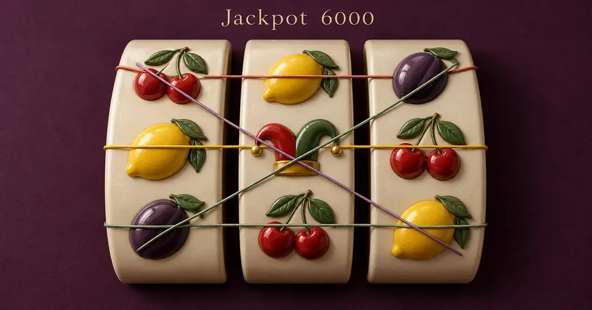Illustrasjon av tre hjul med fruktsymboler, en jokerhatt og fem fargede gevinstlinjer under teksten «Jackpot 6000».