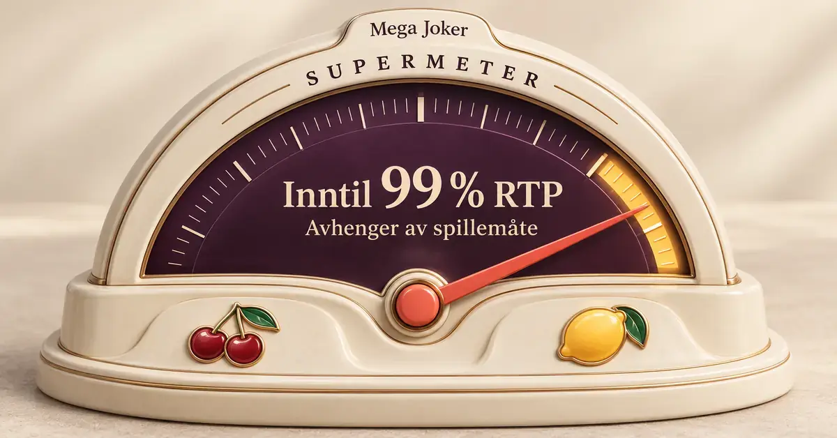 Illustrasjon av et supermeter med fruktsymboler og teksten «Inntil 99 % RTP», med presisering om at tilbakebetalingen avhenger av spillemåte.
